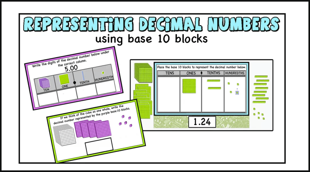 Representing Decimal Numbers using base 10 blocks. (Printable and Digital Activity Cards)