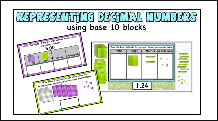 Representing Decimal Numbers using base 10 blocks. (Printable and Digital Activity Cards)
