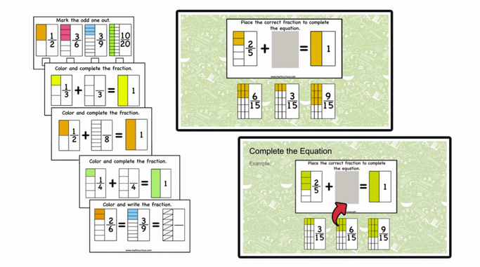 Fractions Activity Cards – equivalence, compare, complete one, addition (print and digital)