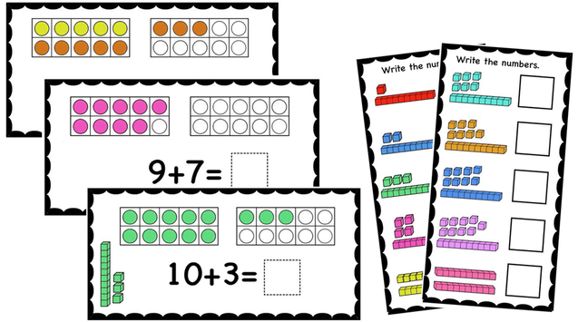 Decomposing numbers 11-20 using 10 Frames and Base 10 blocks (Printable task cards and digital slides)